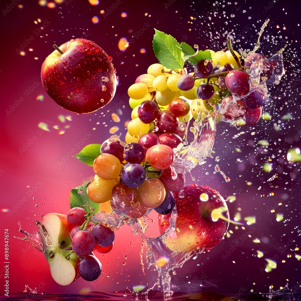 Poster assorted fresh fruits splashing in vibrant setting. this image shows various fruits such as grapes a