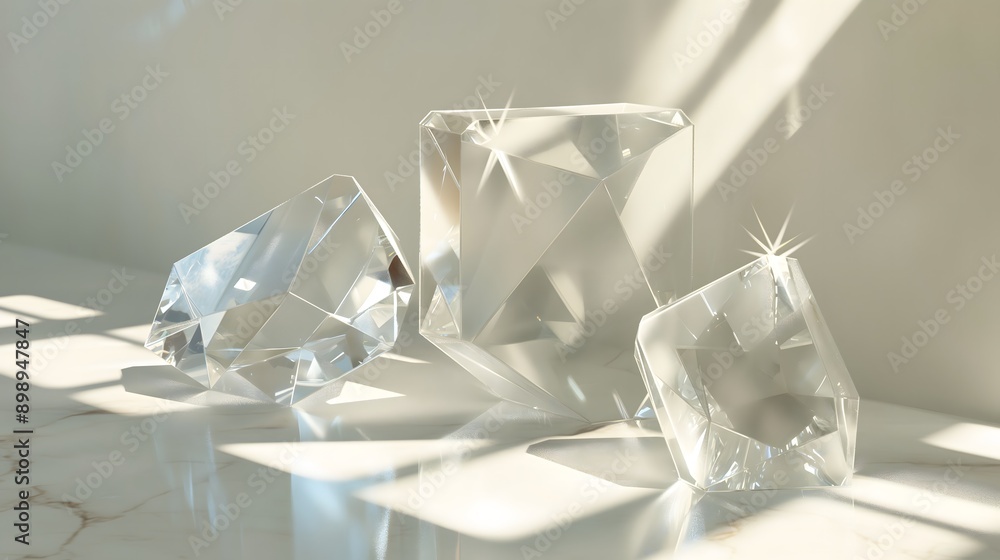 Poster 39. **design a 3d image of interlocking geometric glass shapes with high-gloss finishes and subtle r
