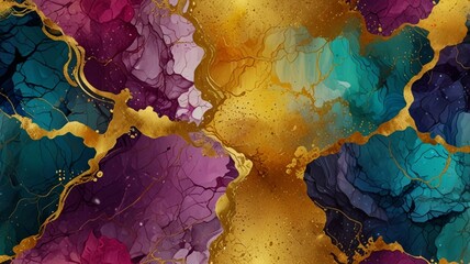 "Seamless Abstract Texture Design with Gold Mineral, Luxury Ink, and Rainbow Stone Water Effect"