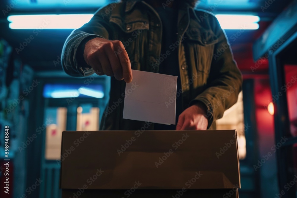 Poster a person places a paper into a file box