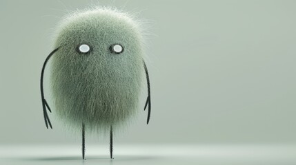 A 3D character jumping The character has a unique whimsical shape resembling a small figure with a large round head and tiny body The entire surface of the character is covered in a fluffy textured 