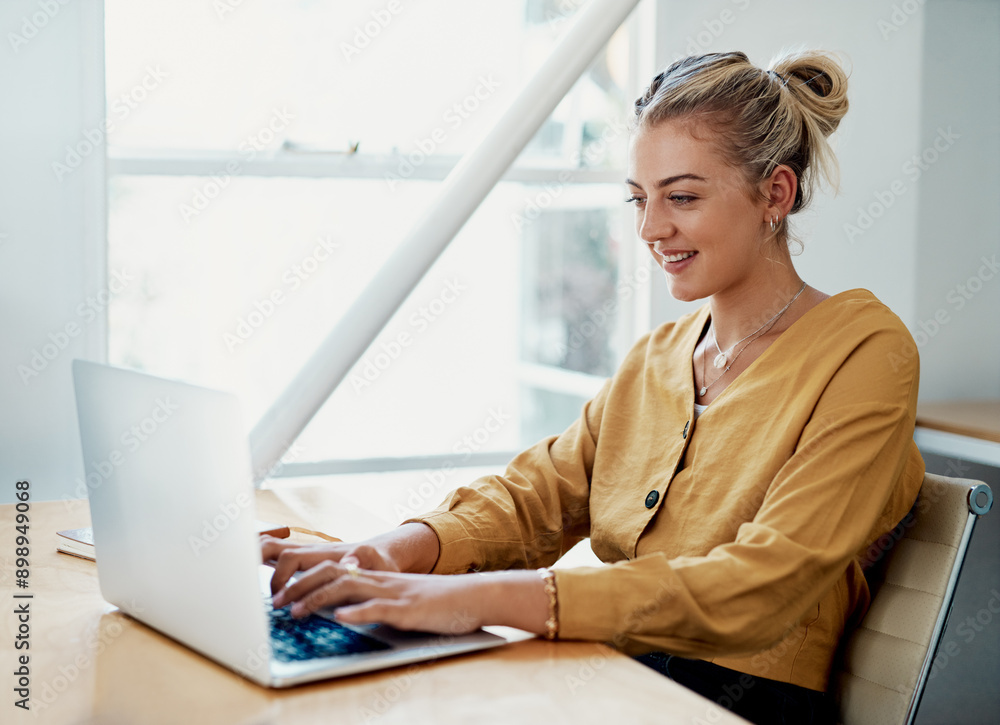 Sticker Office, business and woman with laptop, typing and internet with connection, email and online reading. Person at desk, employee and journalist with computer, research for article and website info