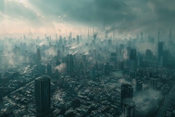 Urban landscape with modern architecture and bustling streets, ideal for use in illustrations about urban planning, real estate, or economic growth