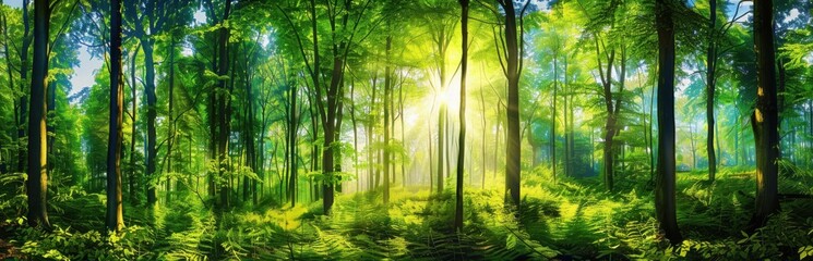 Obraz premium A serene forest bathed in sunlight, showcasing vibrant green foliage and tall trees.