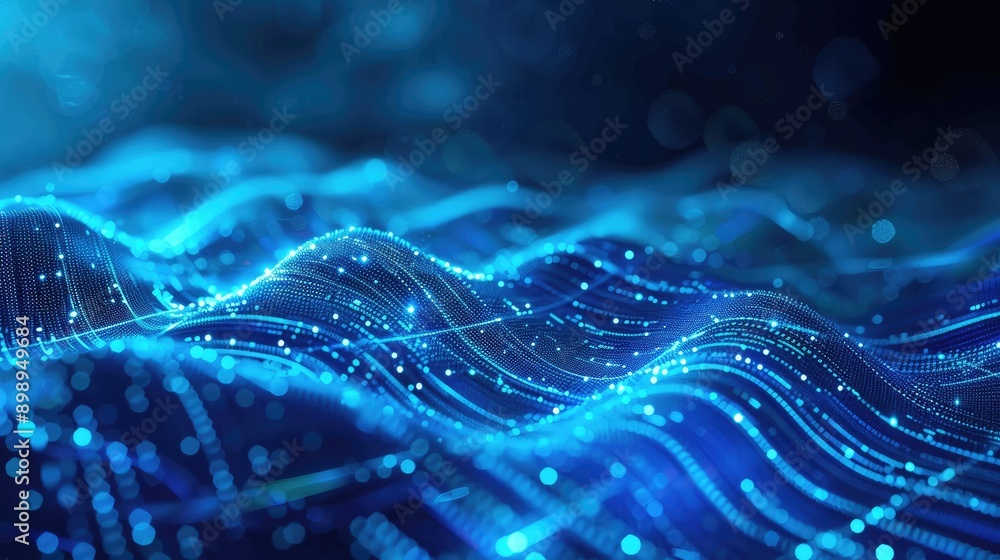 Poster abstract blue digital background with flowing glowing lines, representing technology and data flow.