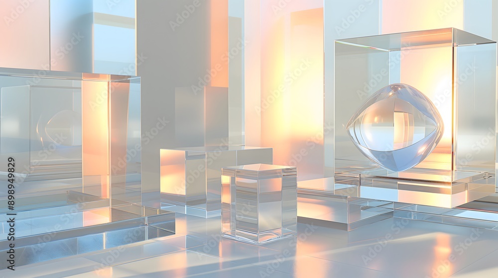 Poster 35. **produce a 3d render of smooth, glossy geometric glass structures with transparent surfaces, se