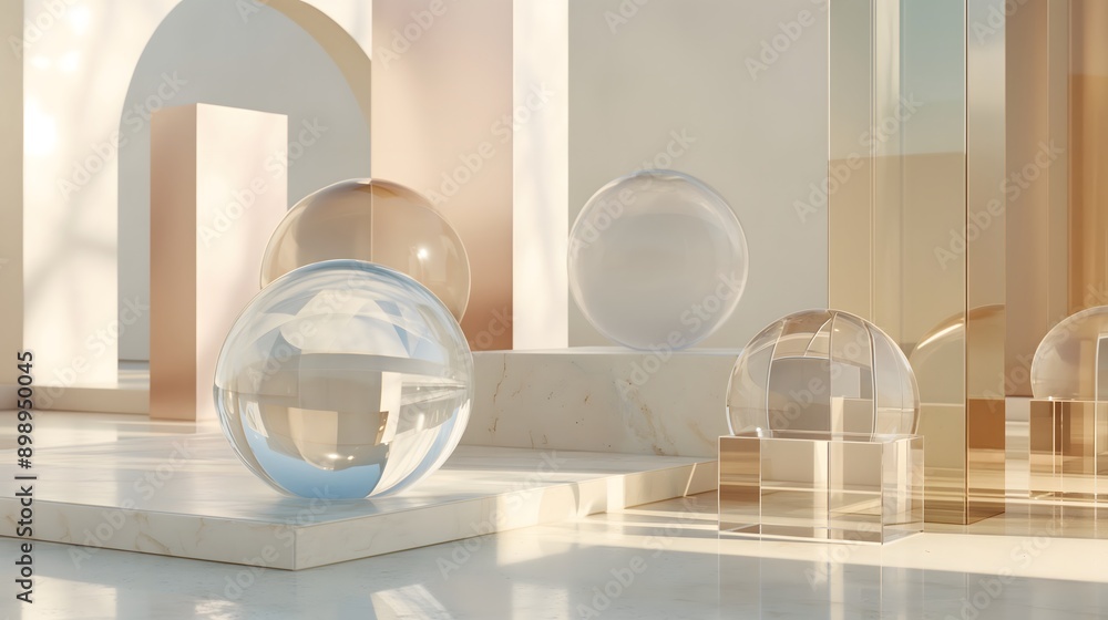 Poster 35. **produce a 3d render of smooth, glossy geometric glass structures with transparent surfaces, se