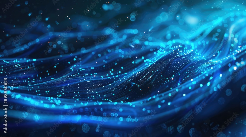 Poster abstract blue digital background with vibrant glowing lines, representing technology and data flow.