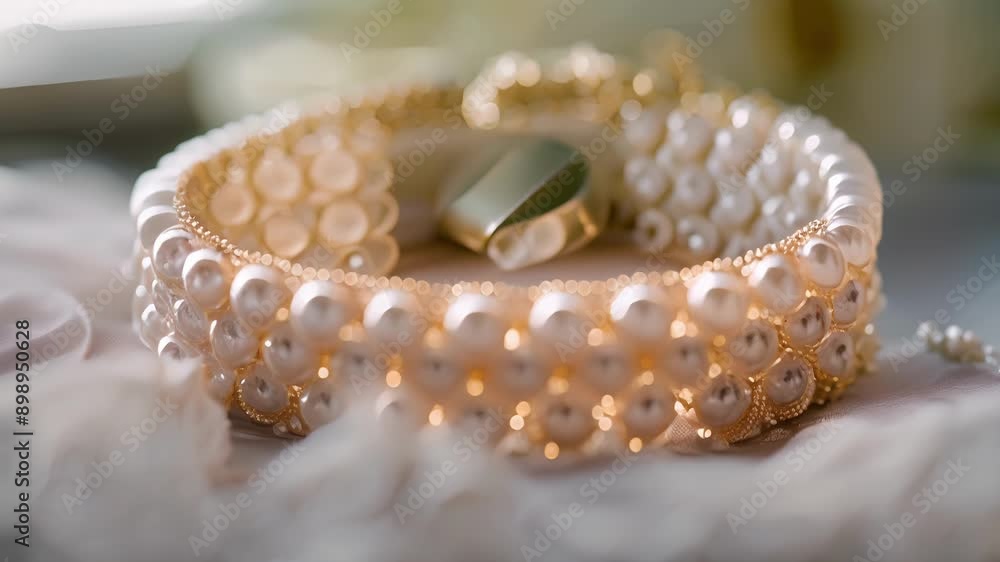 Poster An elegantly understated bracelet crafted with delicate lace patterns and adorned with rows of glistening pearls in a soft dreamy setting.