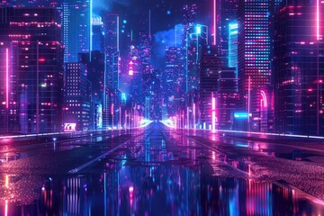 Fototapeta premium Urban scene with neon lights reflecting off the water at night