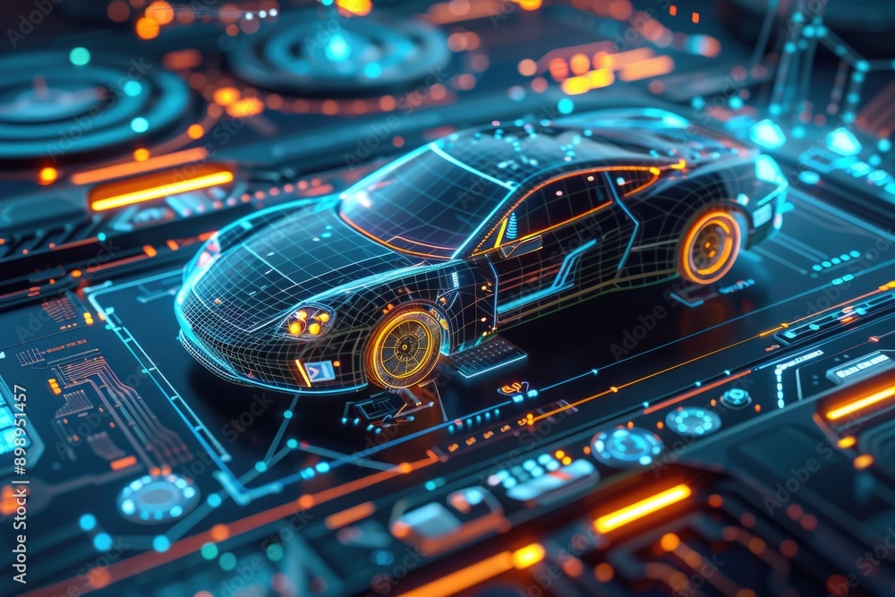 Poster a high-tech vehicle sitting on a motherboard, with wires and components surrounding it