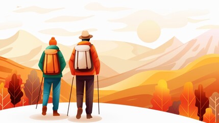 Pair of hikers with backpacks walking through picturesque autumn landscapes, capturing adventure, connection with nature, and scenic beauty in a vibrant and colorful environment.