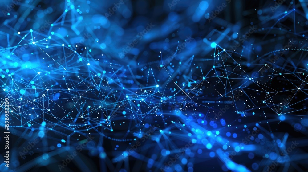 Poster abstract blue tech background with dynamic glowing lines, showcasing data transmission and networks.