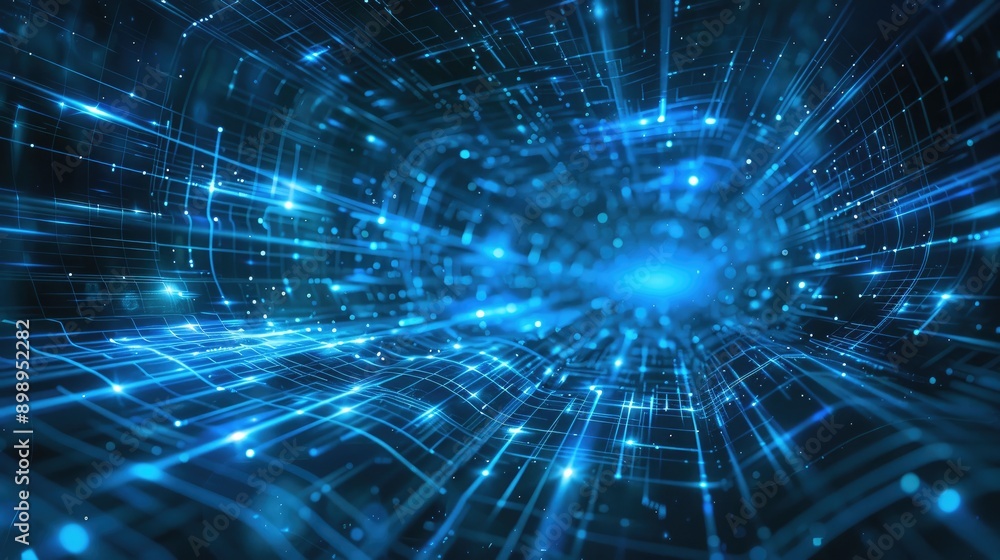 Poster abstract blue tech background with dynamic glowing lines, showcasing data transmission and networks.