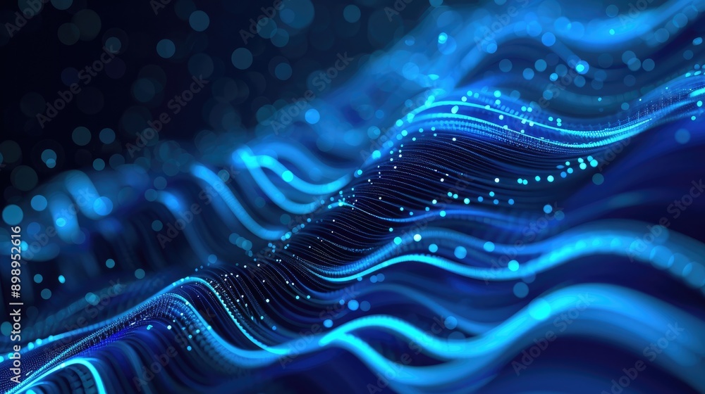Poster abstract blue tech background with flowing glowing lines, showcasing data transmission and connectiv