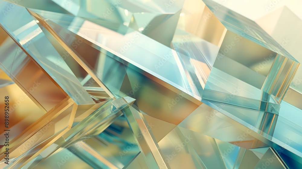Poster 34. **render a 3d image of overlapping geometric transparent glass shapes with high-gloss finishes, 