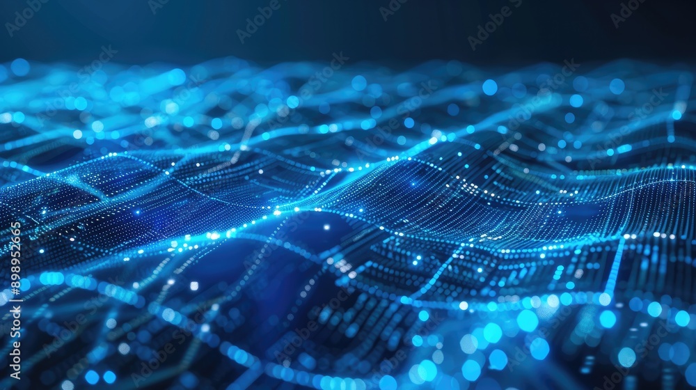 Poster abstract blue tech background with flowing glowing lines, showcasing data transmission and connectiv