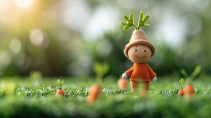 A cute carrot character with a smiling face and a hat resembling leaves stands in a vibrant green field with small growing carrots, basking in the sun.