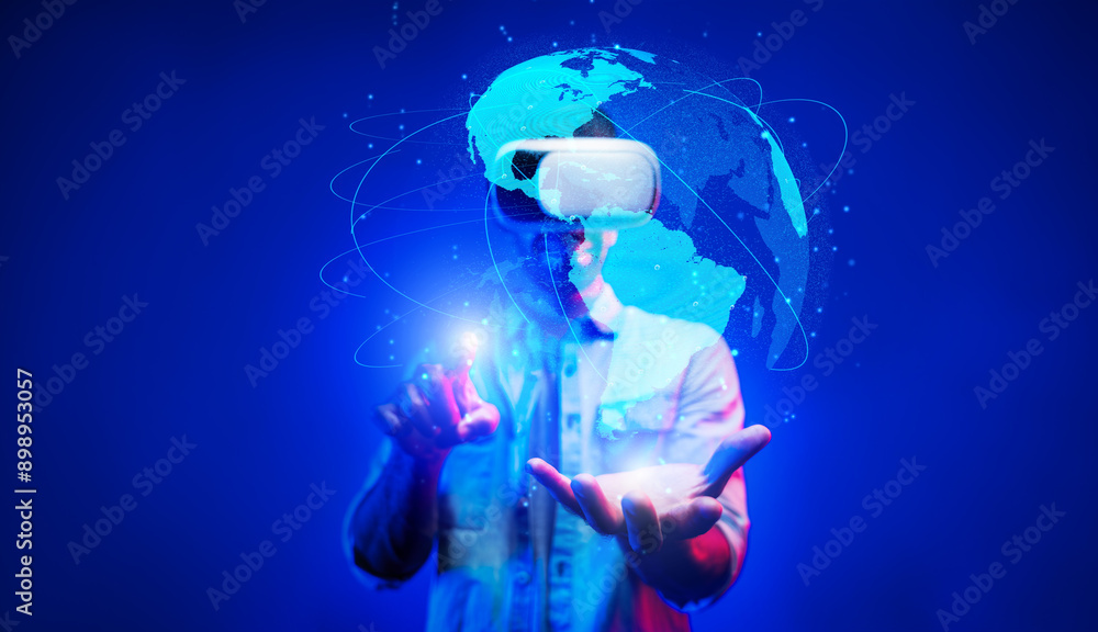 Aufkleber smart man using vr goggle to connect global network connection. happy man with casual cloth access f