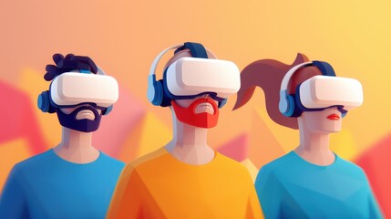 An image of three individuals wearing VR headsets, immersed in a virtual, colorful environment, depicting advanced technology and the future of digital interaction.