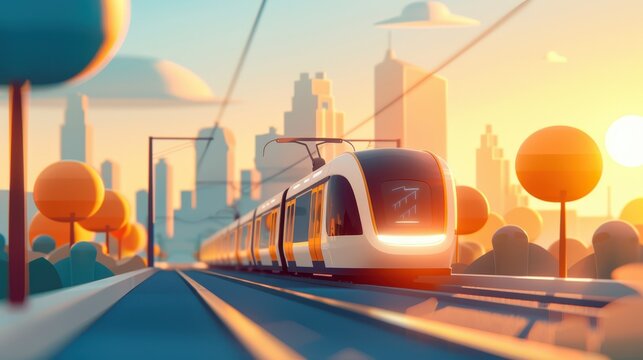 A modern train travels through an urban landscape, bathed in the soothing light of a sunset, capturing the essence of modern transportation and city development.