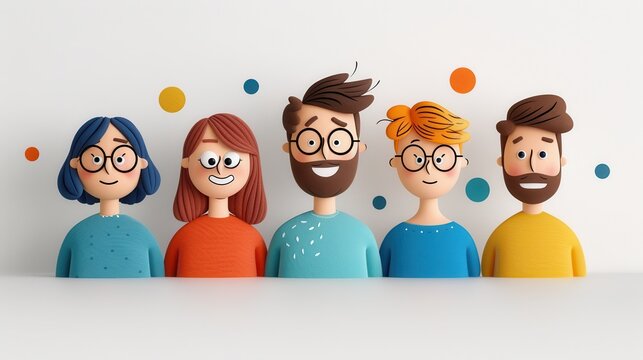 An illustration showing five happy and diverse characters with different hairstyles and clothing, standing side by side, against a white background with colorful dots accenting the scene.