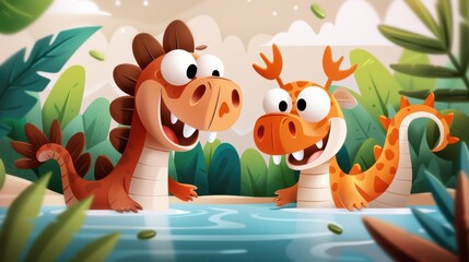 A cheerful scene featuring two friendly cartoon dragons with big smiles, depicted splashing in the water with a backdrop of lush greenery and floating leaves.