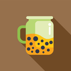 Refreshing bubble tea is shown with boba pearls at the bottom of this mason jar style glass