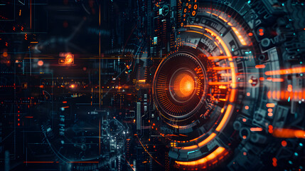 Obraz premium The image showcases an abstract futuristic digital interface filled with glowing orange circles, binary data, and intricate circuitry, making it perfect for tech and cyberspace themes