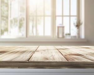Sunlit wooden table in a cozy room with blurred windows in the background.