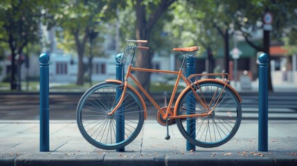 Fototapeta premium A bright orange bicycle locked to a blue pole