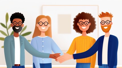 An illustration depicting team members shaking hands in a sleek, modern office lobby, symbolizing agreement, cooperation, and the start of a new professional relationship.
