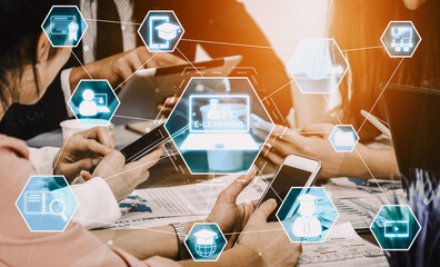 E-learning and Online Education for Student and University Concept. Graphic interface showing...