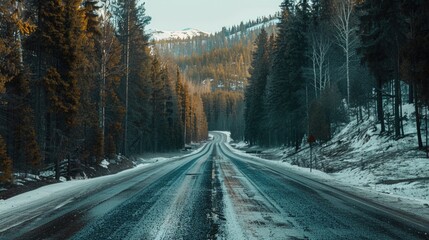 Obraz premium A winding snowy road surrounded by dense forest trees