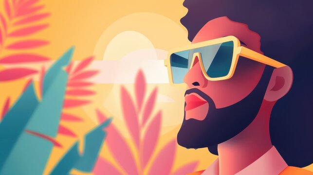 A man with angular sunglasses stands amidst a vibrant abstract scene filled with colorful elements, conveying a sense of modernity and style.