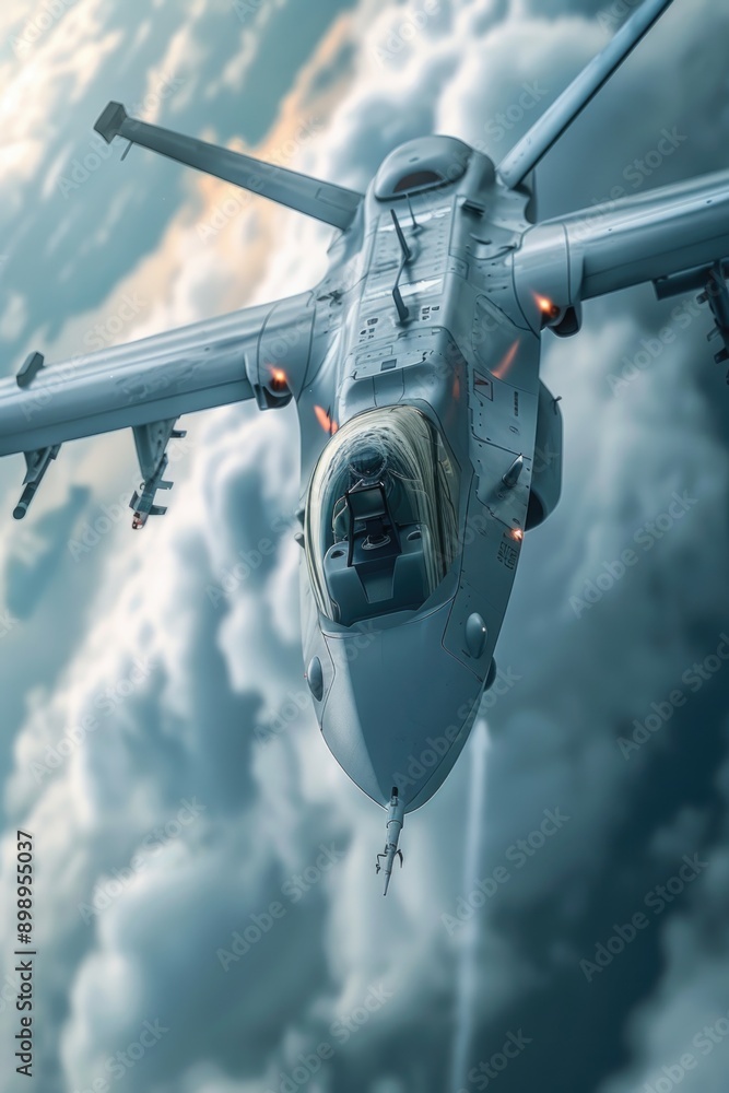 Poster A high-tech fighter jet soaring through a cloudy sky with contrails streaming behind