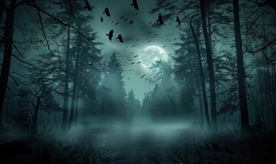Moonlit Forest with Flying Ravens