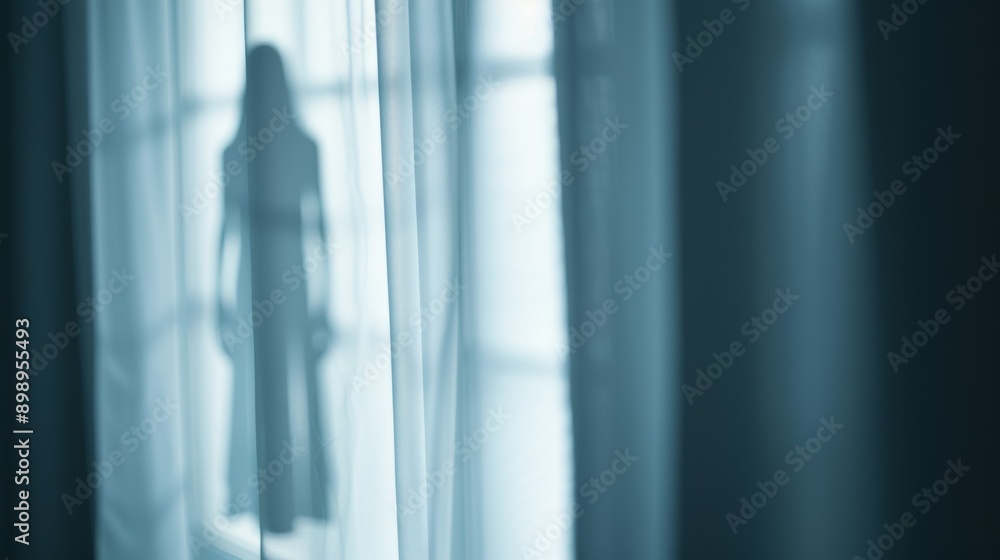 Poster A person is standing in front of a window with curtains drawn
