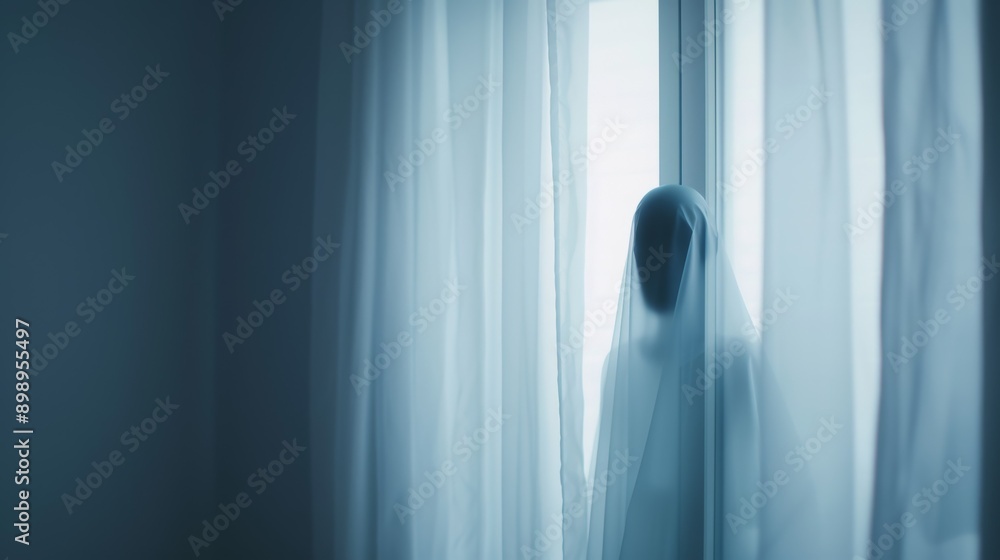 Poster a person is standing in front of a window with a white curtain