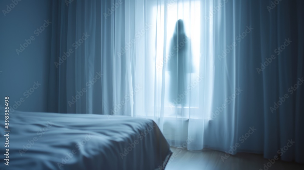 Poster a person is standing in front of a window with curtains drawn