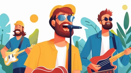 A vibrant illustration of a musical band with three members playing guitars and singing, surrounded by green foliage, capturing the lively essence of their performance.