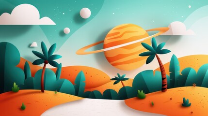 A captivating illustration showing a surreal landscape with a giant planet having rings, surrounded by palm trees and lush vegetation, blending fantasy and reality.