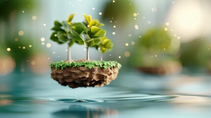 A small floating island featuring a cluster of green trees, surrounded by water and illuminated with sparkling lights, capturing a magical and surreal atmosphere.