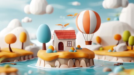 A whimsical cartoon-style image showing a floating island with a small house and a hot air balloon in the sky, against a backdrop of fluffy clouds and serene water.