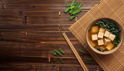 Flat lay of a bowl of miso soup with tofu cubes, seaweed, and green onions, placed on a bamb