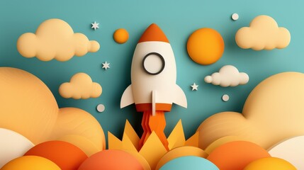 A colorful and whimsical illustration of a rocket taking off into the sky, surrounded by clouds and stars, representing adventure, exploration, and creativity in a playful art style.