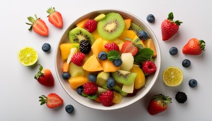  Top view of a bowl of fresh fruit salad with a variety of colorful fruits like melon, berrie 