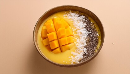 Top view of a bright yellow mango smoothie in a bowl, decorated with coconut flakes, diced m 