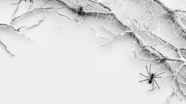 spider web with two black and white spiders on it