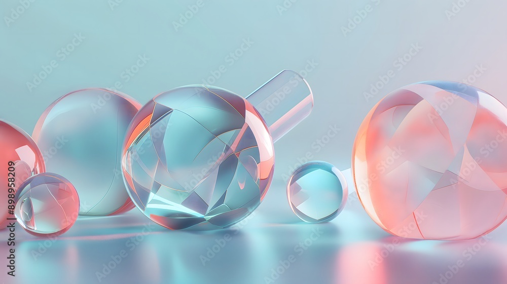 Poster 1. **create a 3d render of geometric transparent glass shapes with glossy surfaces, set against a su